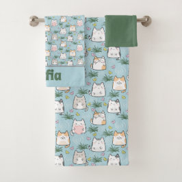 Niedliches kawaii-kitchmuster grüner blauer Name Badhandtuch Set
