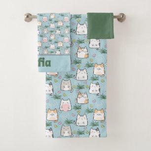 Niedliches kawaii-kitchmuster grüner blauer Name Badhandtuch Set