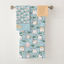 Niedliches kawaii-Kittmuster gelb-blau Badhandtuch Set