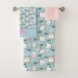 Niedliches kawaii-Kittmuster rosa blauer Name Badhandtuch Set