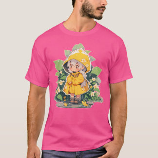 Niedliches Kawaii-Mädchen in einem gelben Regenman T-Shirt