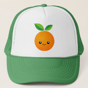Niedliches Kawaii-Orangenfruchtgesicht zeichnend Truckerkappe