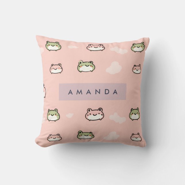 Niedliches Kawaii Pastel Frog Design auf rosa pers Kissen (Vorderseite)