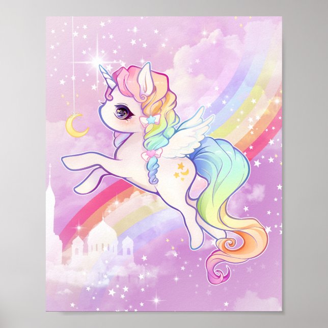 Niedliches Kawaii Pastelleinicorn mit Regenbogen u Poster (Vorne)