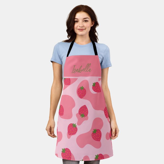 Niedliches Kawaii Strawberry Cow Muster Schürze (Getragen)