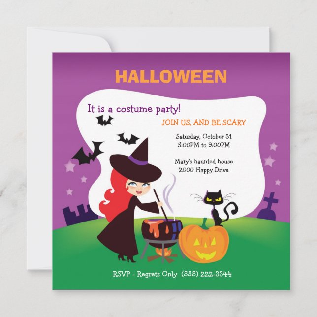 Niedliches Kid-Halloween-Party mit Hexe Einladung (Vorderseite)