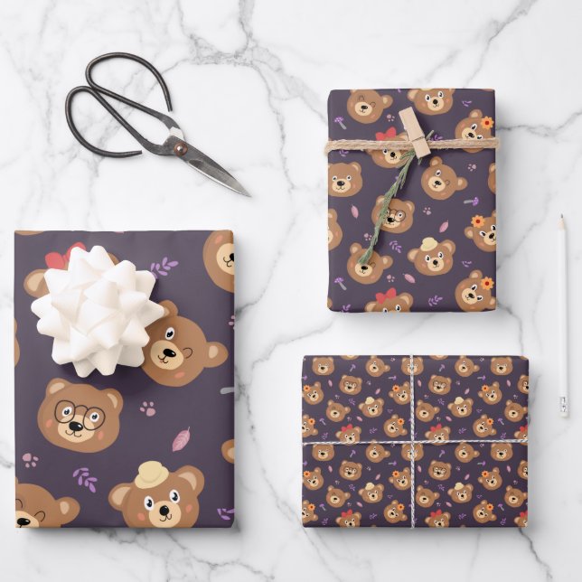 Niedliches Kid Teddy Bär dekoratives Muster Geschenkpapier Set (Vorderseite)
