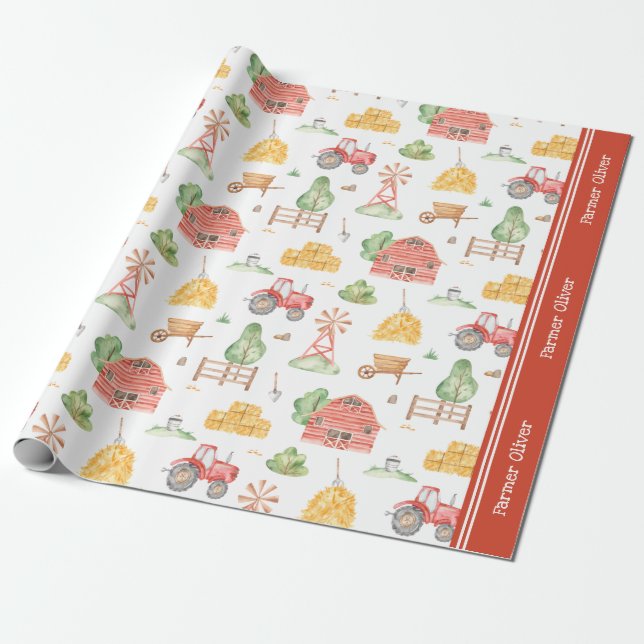 Niedliches Kids Bauer Muster mit Vorname Geschenkpapier (Ungerollt)