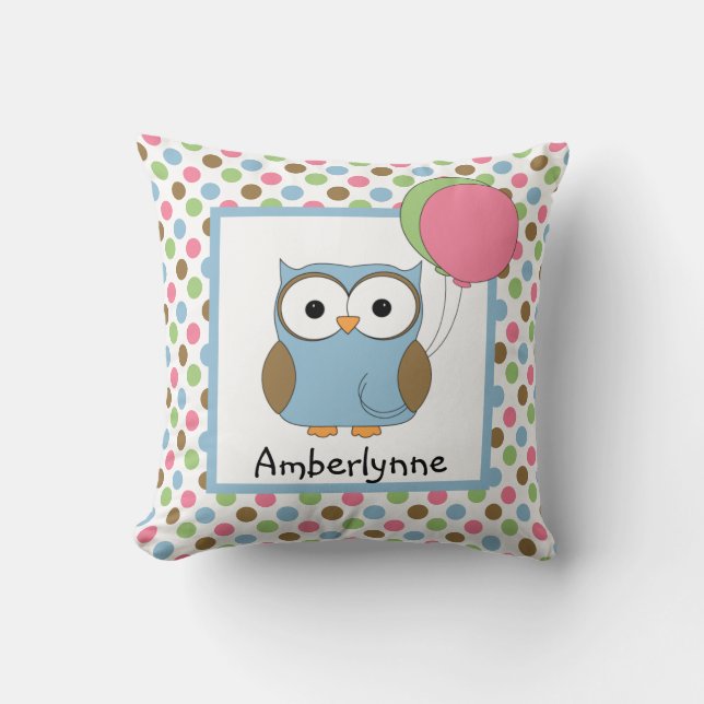 Niedliches Kid's Personalisiertes Owl/Balloons Kissen (Vorderseite)