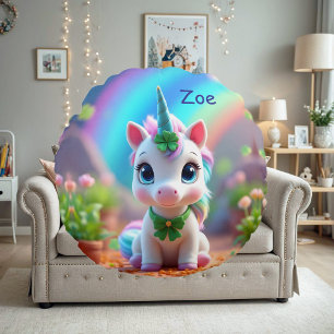 Niedliches Kindereinhorn und Regenbogen, Mädchen Rundes Kissen