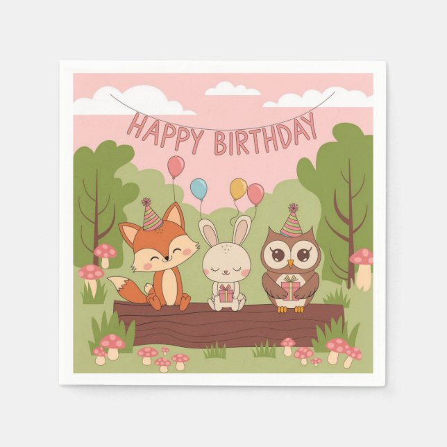 Niedliches Kindergeburtsstil mit Fox, Bunny & Owl Serviette (Vorderseite)