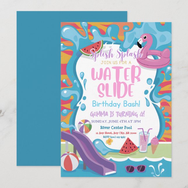 Niedliches Kindergeburtstag-Party mit Wasserrutsch Einladung (Vorne/Hinten)