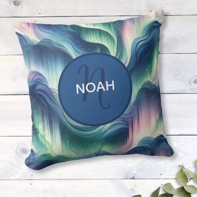 Niedliches Kinderzimmer Kids Monogram Northern Lig Kissen (Personalized Aurora Borealis Pillow with Name - Custom Decor, Unique Gift, Northern Lights Design)