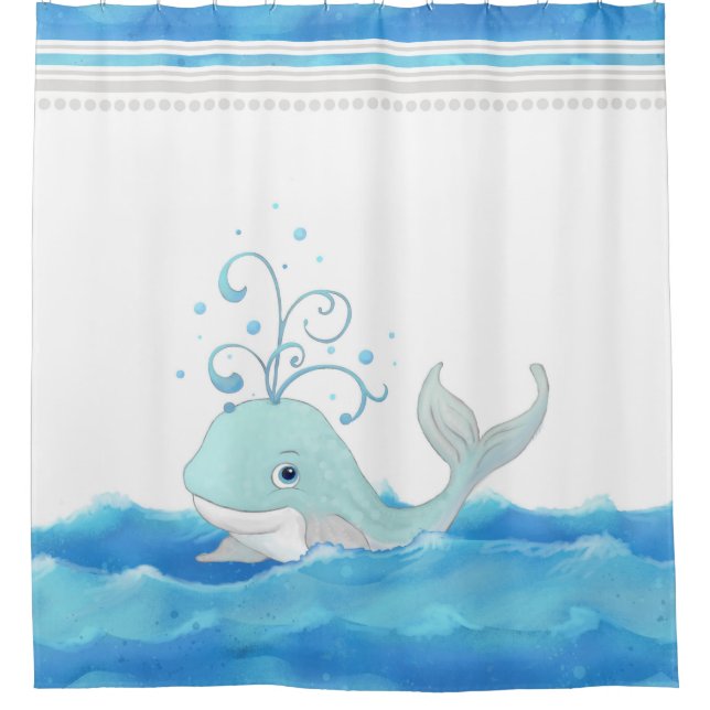 Niedliches Kinderzimmer Little Boy Whale Polka Dot Duschvorhang (Vorderseite)