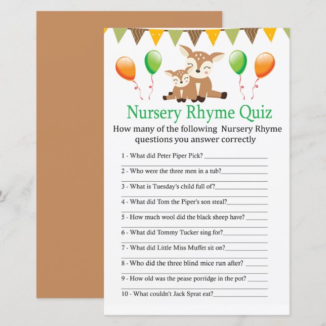 Niedliches Kinderzimmer Rhyme Quiz Babydusche (Vorne/Hinten)