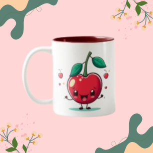 Niedliches Kirschfruchtgesicht mit minimalen grüne Zweifarbige Tasse