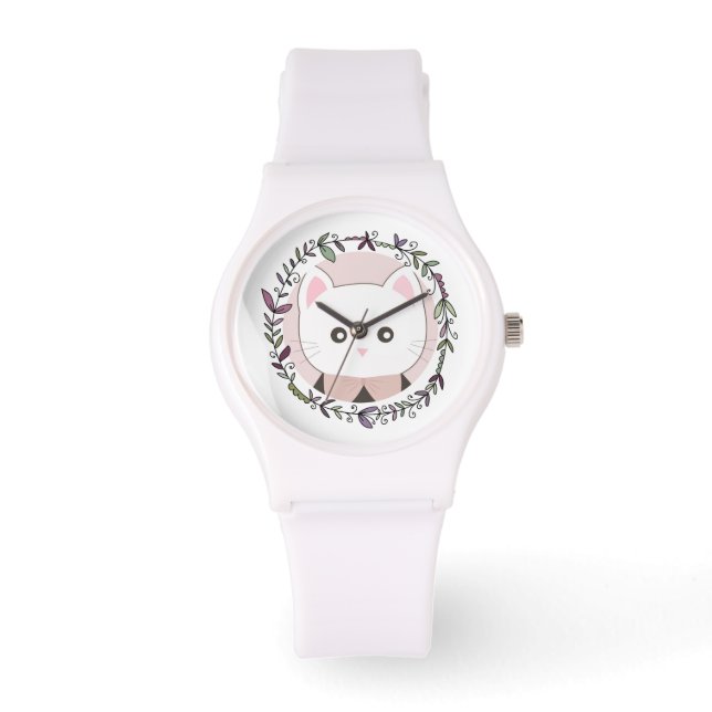 Niedliches Kitten Gerahmt von Blume Armbanduhr (Vorderseite)