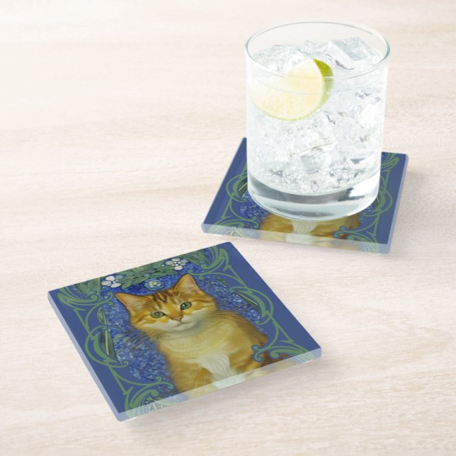 Niedliches Kitten im Vintagen Jugendstil Glasuntersetzer (Schrägansicht)