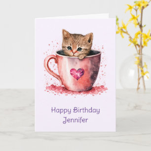 Niedliches Kitten in einem Teacup mit Herz Geburts Karte