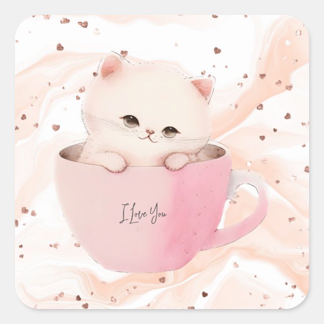 Niedliches Kitten in einem Teacup Quadratischer Aufkleber (Vorderseite)