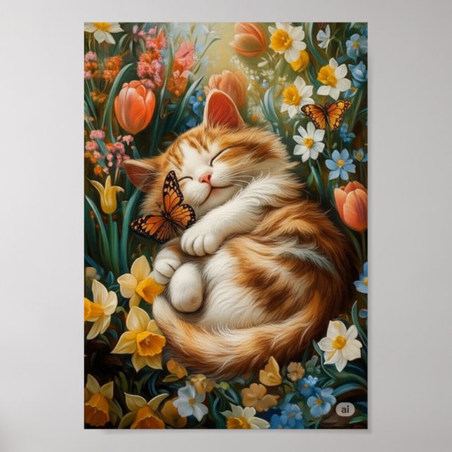 Niedliches Kitten in Frühlingsblumen - Perfekter K Poster (Vorne)