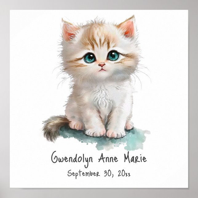 Niedliches Kitten mit Blue Eyes Wasserfarbe Kinder Poster (Vorne)