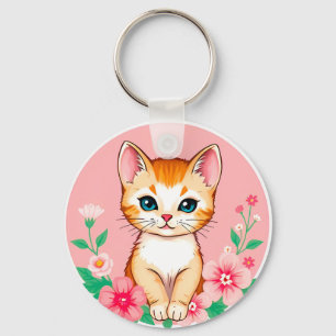Niedliches Kitten mit Blume Schlüsselanhänger