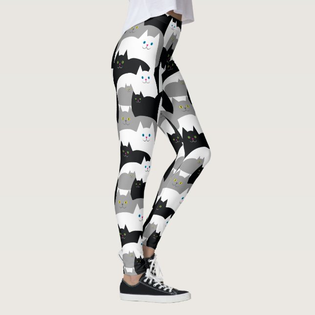 Niedliches Kitty Cat Muster in Schwarz, Weiß und G Leggings (Rechts)