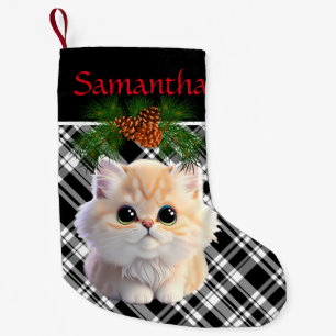 Niedliches Kitty Schwarz-weiß kariert mit Kiefernz Kleiner Weihnachtsstrumpf