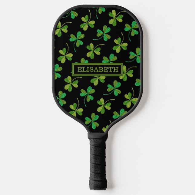 Niedliches Kleeblatt Muster Grün und Schwarz Indiv Pickleball Schläger (Vorderseite)