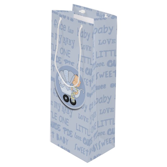 Niedliches kleines Baby in Buggy Neues Baby Geschenktüte Für Weinflaschen (Vorderseite Schrägansicht)