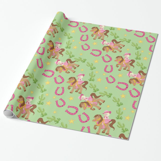 Niedliches kleines Cowgirl-Muster Geschenkpapier (Ungerollt)
