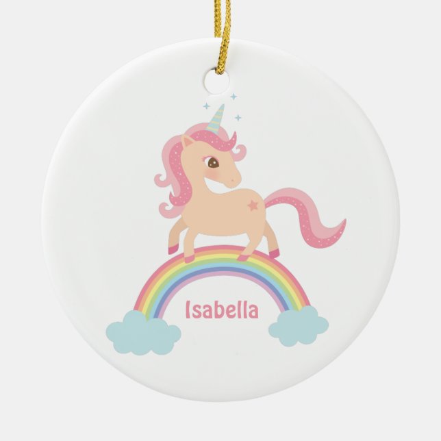 Niedliches Kleines Einhorn auf Regenbogenmädchen Keramikornament (Vorne)