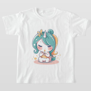 niedliches kleines Einhornmädchen mit Kerze in ha T-Shirt