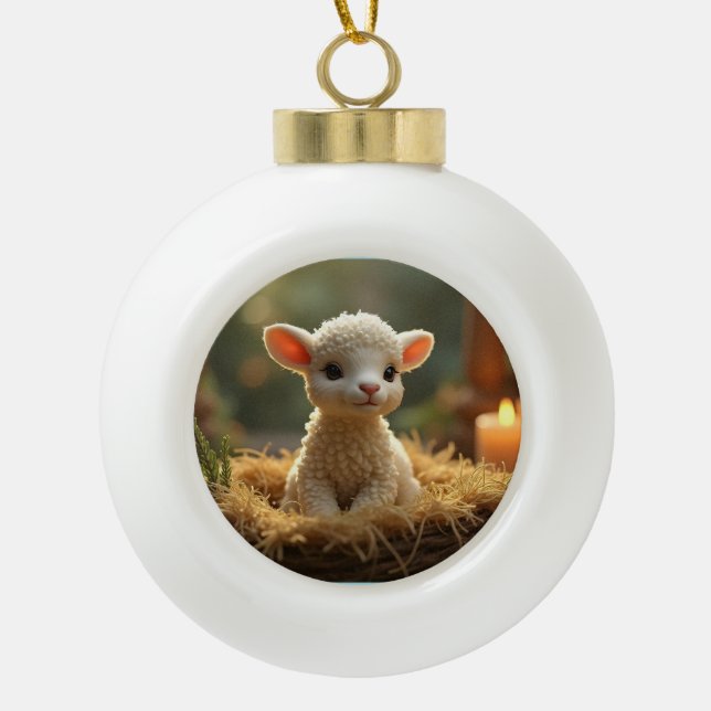 NIEDLICHES KLEINES LAMEN IN EINEM MANGER KERAMIK Kugel-Ornament (Vorderseite)
