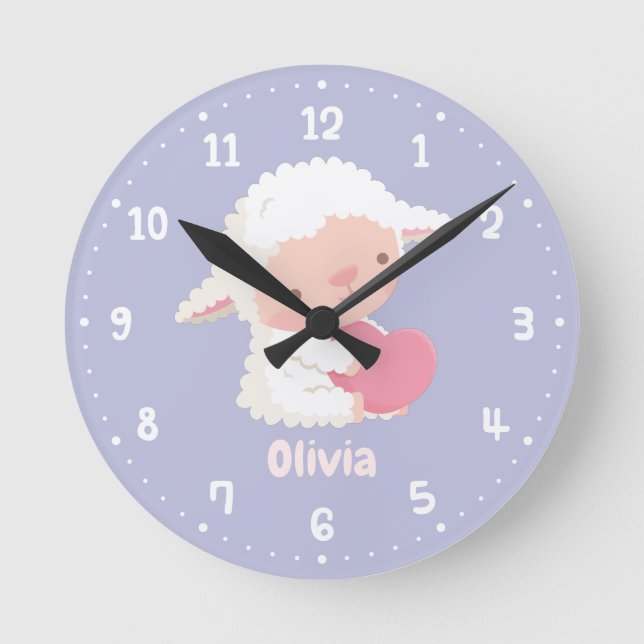 Niedliches kleines Lamm umarmendes Herz Kids Zimme Runde Wanduhr (Vorderseite)