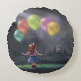 Niedliches kleines Mädchen mit Balloons Rundes Kissen