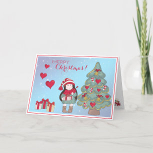 Niedliches kleines Mädchen mit Geschenken und Weih Feiertagskarte