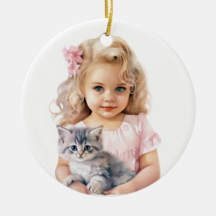 NIEDLICHES KLEINES MÄDCHEN MIT IHREM KITTEN KERAMIK ORNAMENT
