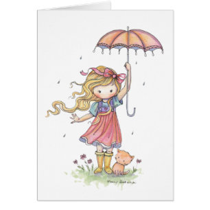 Niedliches kleines Mädchen und Katze im Regen