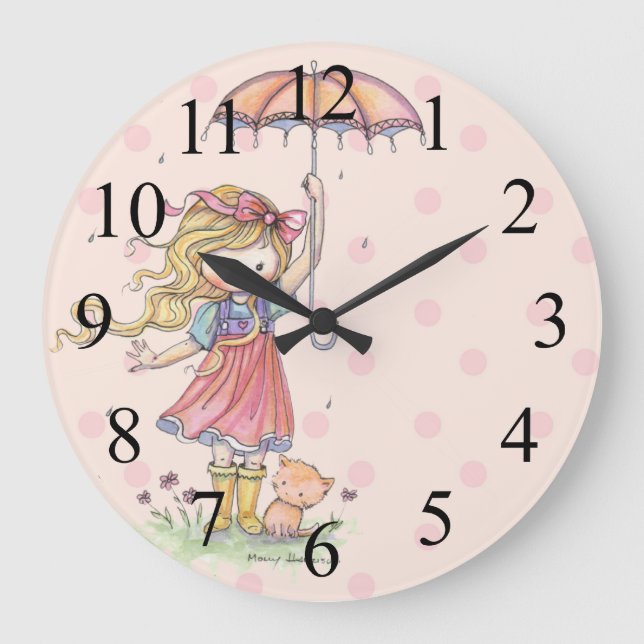 Niedliches kleines Mädchen und Ktty rosa Punkt-Uhr Große Wanduhr (Vorderseite)