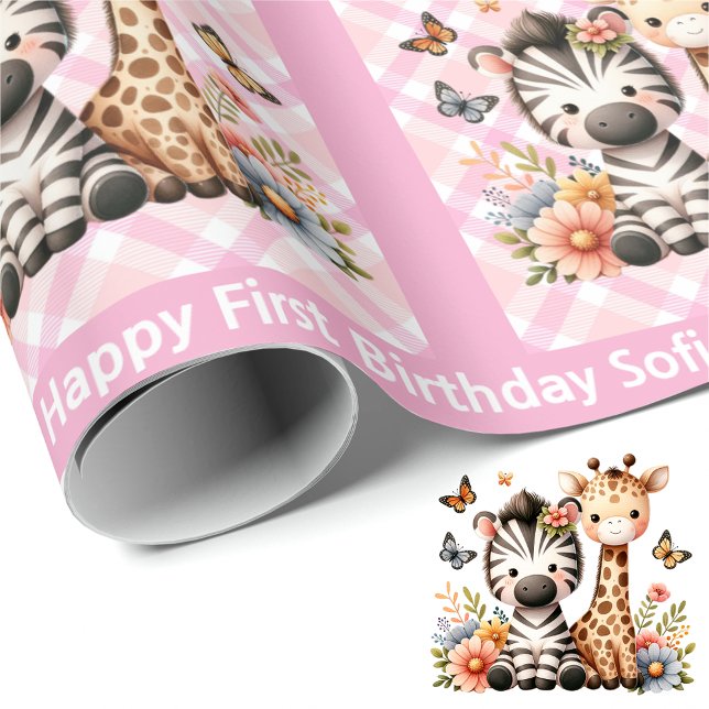 Niedliches kleines Mädchen zum Geburtstag Zootiere Geschenkpapier (Von Creator hochgeladen)
