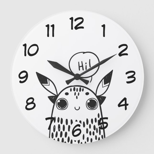 Niedliches Kleines Monster Schwarz und Weiß Illust Große Wanduhr (Vorderseite)