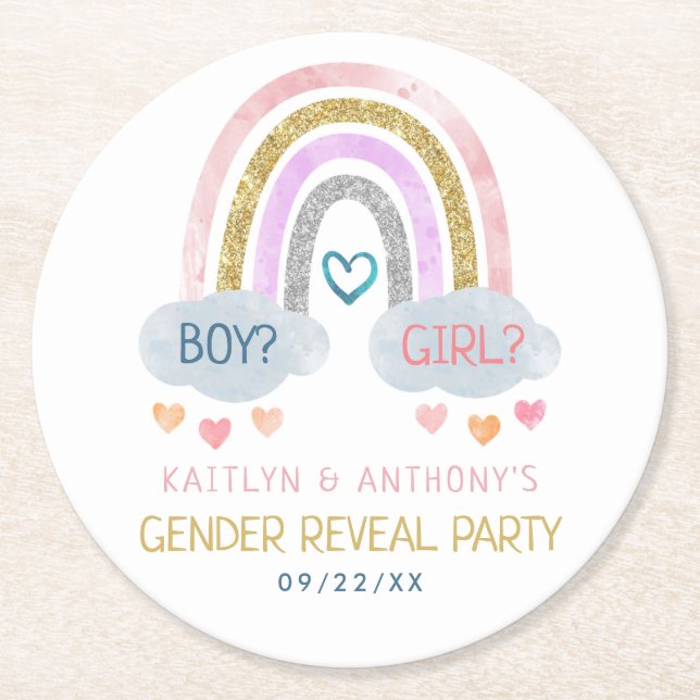 Niedliches kleines Rainbow-Gender-Party Runder Pappuntersetzer (Vorderseite)