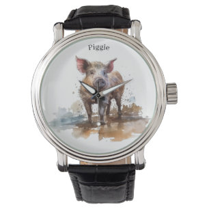 Niedliches kleines Schwein, das im Schlamm spielt Armbanduhr
