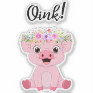 Niedliches kleines Schwein mit Blumenkrone Aufkleber
