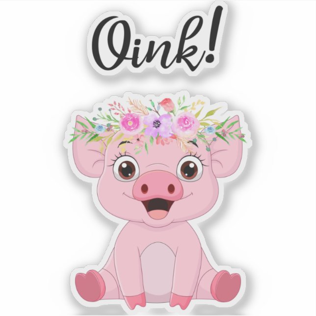 Niedliches kleines Schwein mit Blumenkrone Aufkleber (Vorderseite)