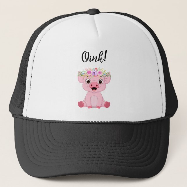 Niedliches kleines Schwein mit Blumenkrone Truckerkappe (Vorderseite)