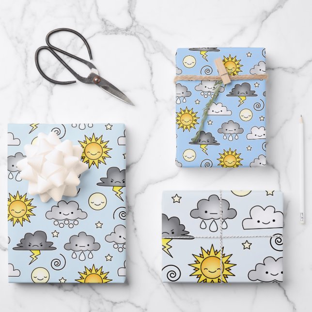 Niedliches Klima der Kawaii-Wetterwolken Geschenkpapier Set (Vorderseite)