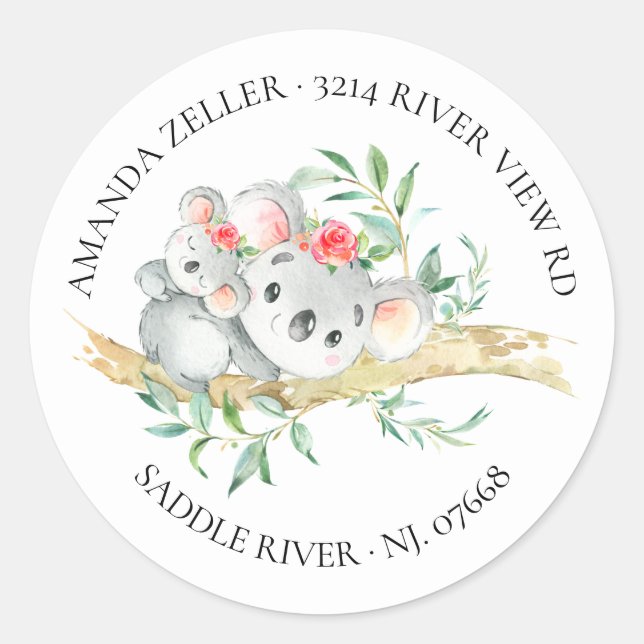 Niedliches Koala Bear Baby Dusche Rücksendeadresse Runder Aufkleber (Vorderseite)